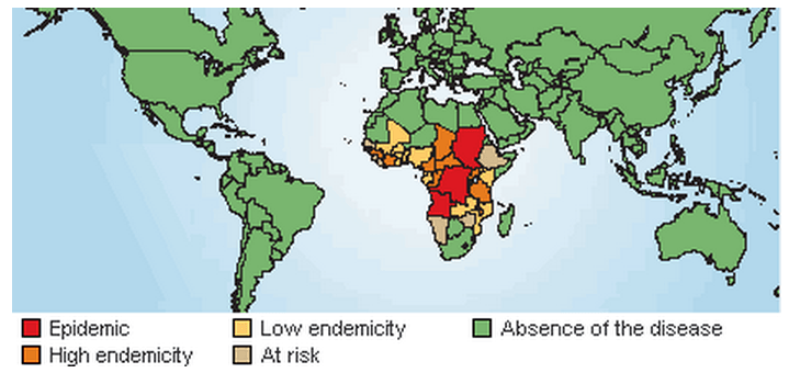 Map of the epidemic of T. brucei in humans. Source: WHO: Disease Watch Focus: Human African trypanosomiasis