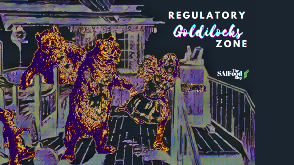 The 3 bears chasing Goldilocks out of their house, with Title "regulatory golidlocks zone"