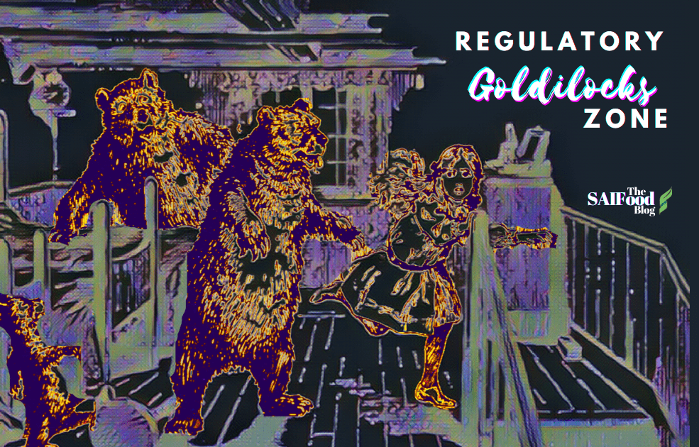 The 3 bears chasing Goldilocks out of their house, with Title "regulatory golidlocks zone"