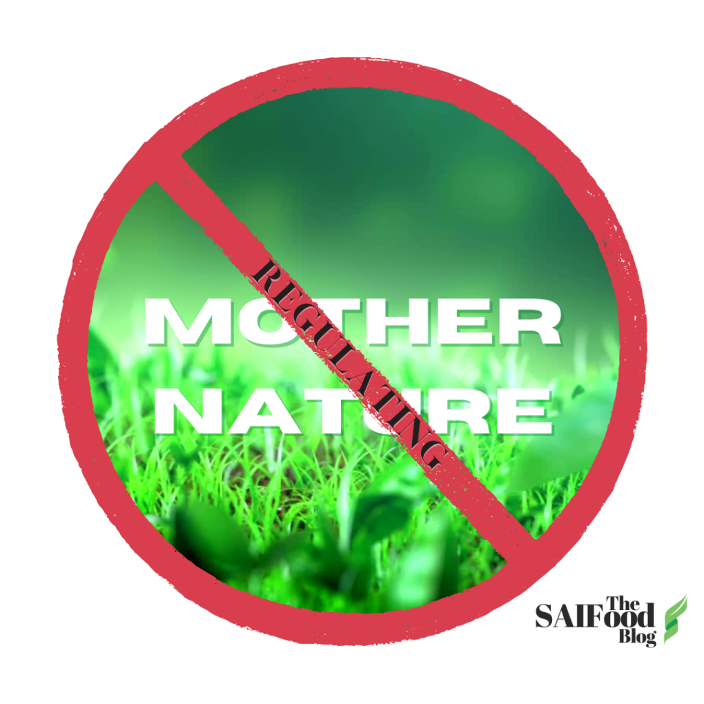 Grass growing with a Red-banned circle overtop the grass and text "mother nature"