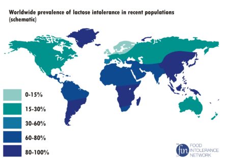 World map of the prevalence of lactose intolerance