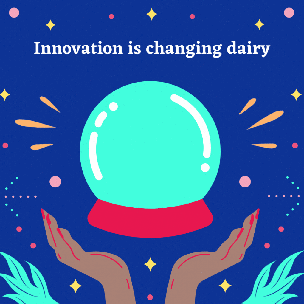 Crystal ball with text " innovation is changing dairy & the future looks... lactose free inclusive".