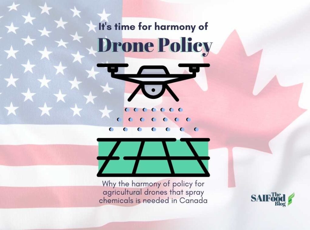 Background of US and Canadian flag with a drone flying over spraying a field