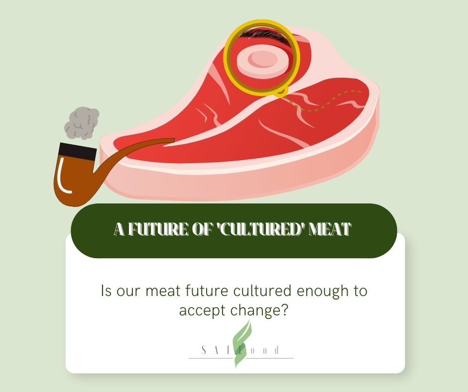 A steak wearing a monocle and smoking pipe with text "a future of cultured meat'
