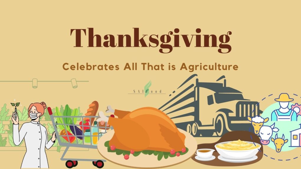 Thanksgiving: a plant scientist, shopping cart, turkey, semi truck and farmer