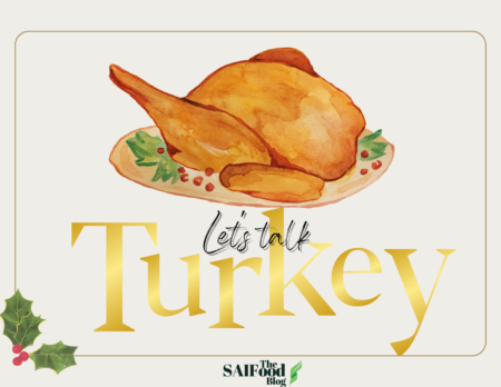 A golden turkey on a platter with the text "Let's talk turkey"