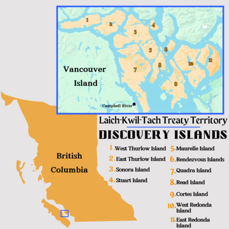 Map of the Discovery Islands, British Columbia in Laich-Kwil-Tach Treaty Territory