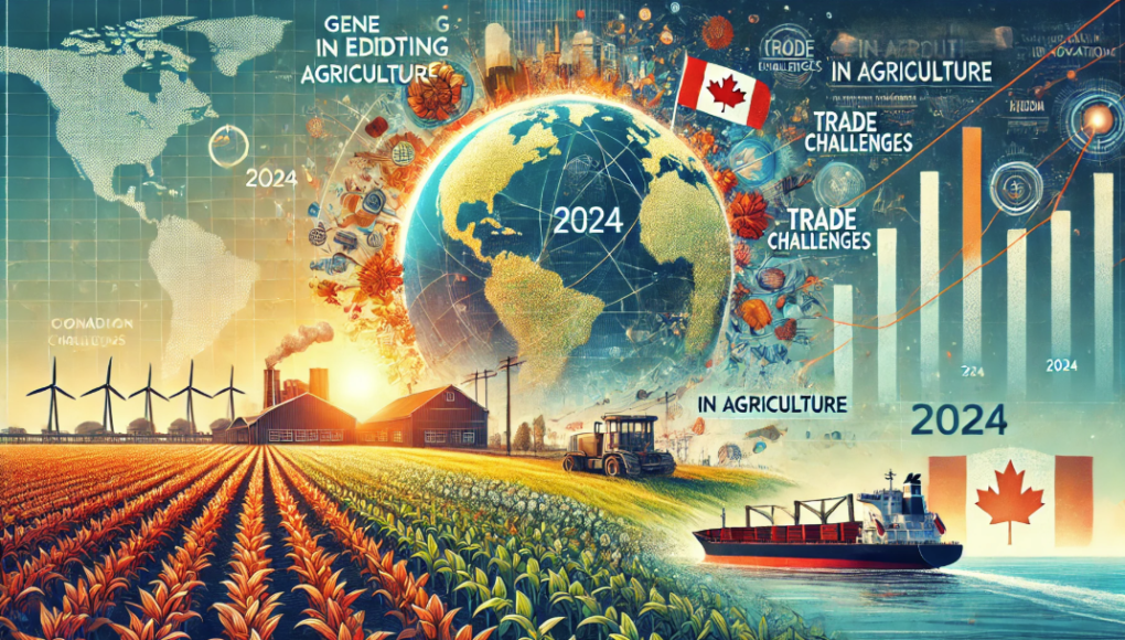 Image highlights the key themes of agricultural innovation, trade challenges, and global connectivity in a festive and optimistic design of 2024 issues of Agriculture and Canada.