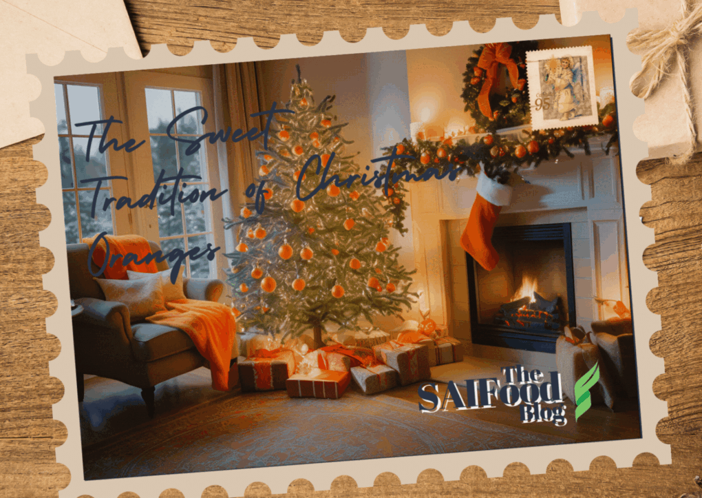 Christmas Postcard of a living room and tree decorated in oranges