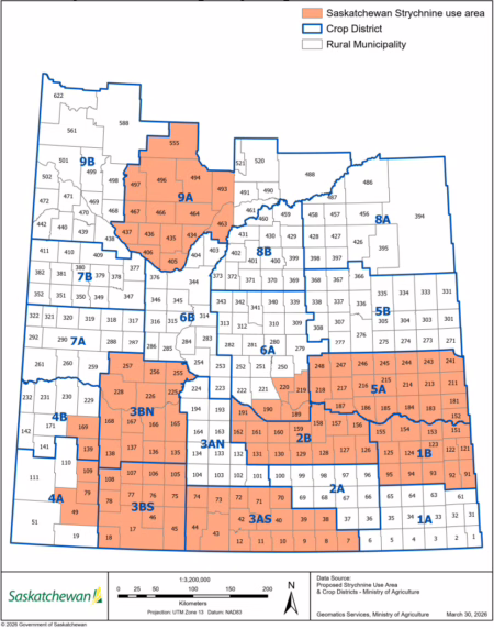 Map of approved 2026 emergency strychnine use in Saskatchewan