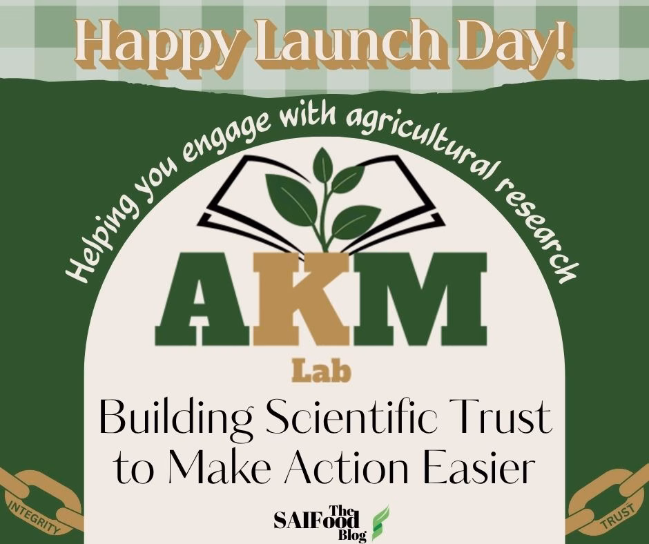 "AKMLab: Building Scientific Trust to Make Action Easier" on a beige background. In green, the words "Helping you engage with agricultural research" arches over top, and the design is mounted to the sides with gold chain links that read "Trust" and "Integrity"