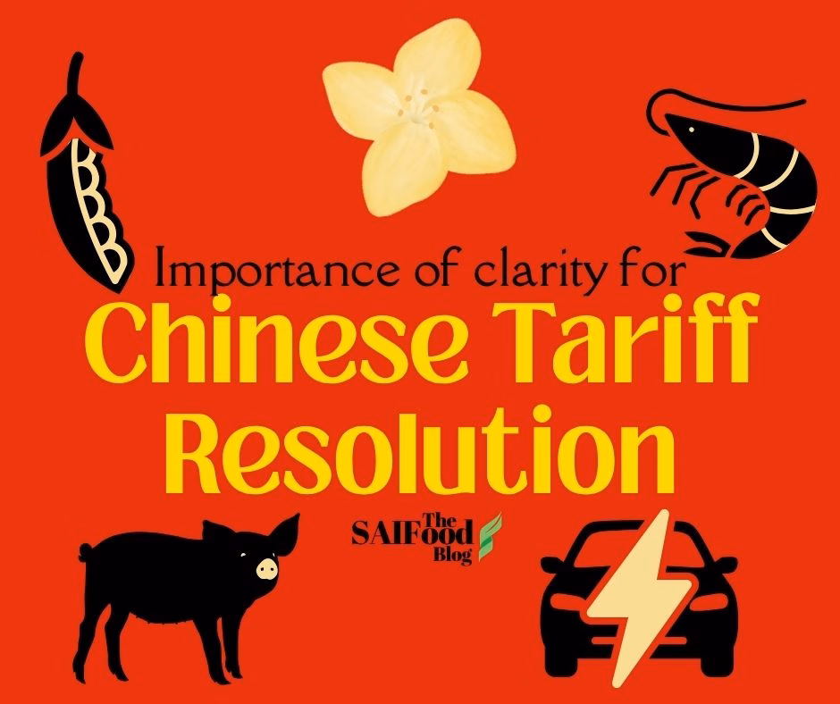 On a red background: "Importance of clarity for Chinese tariff resolution" in yellow, surrounded by icons of peas, canola, shrimp, pigs, and electric vehicles