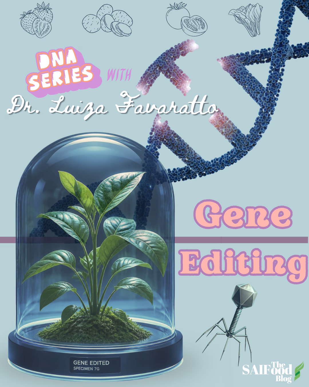 DNA Series: Gene editing surrounded by images of a plant in a terrarium and a bacteriophage, all placed in front of snipped DNA image